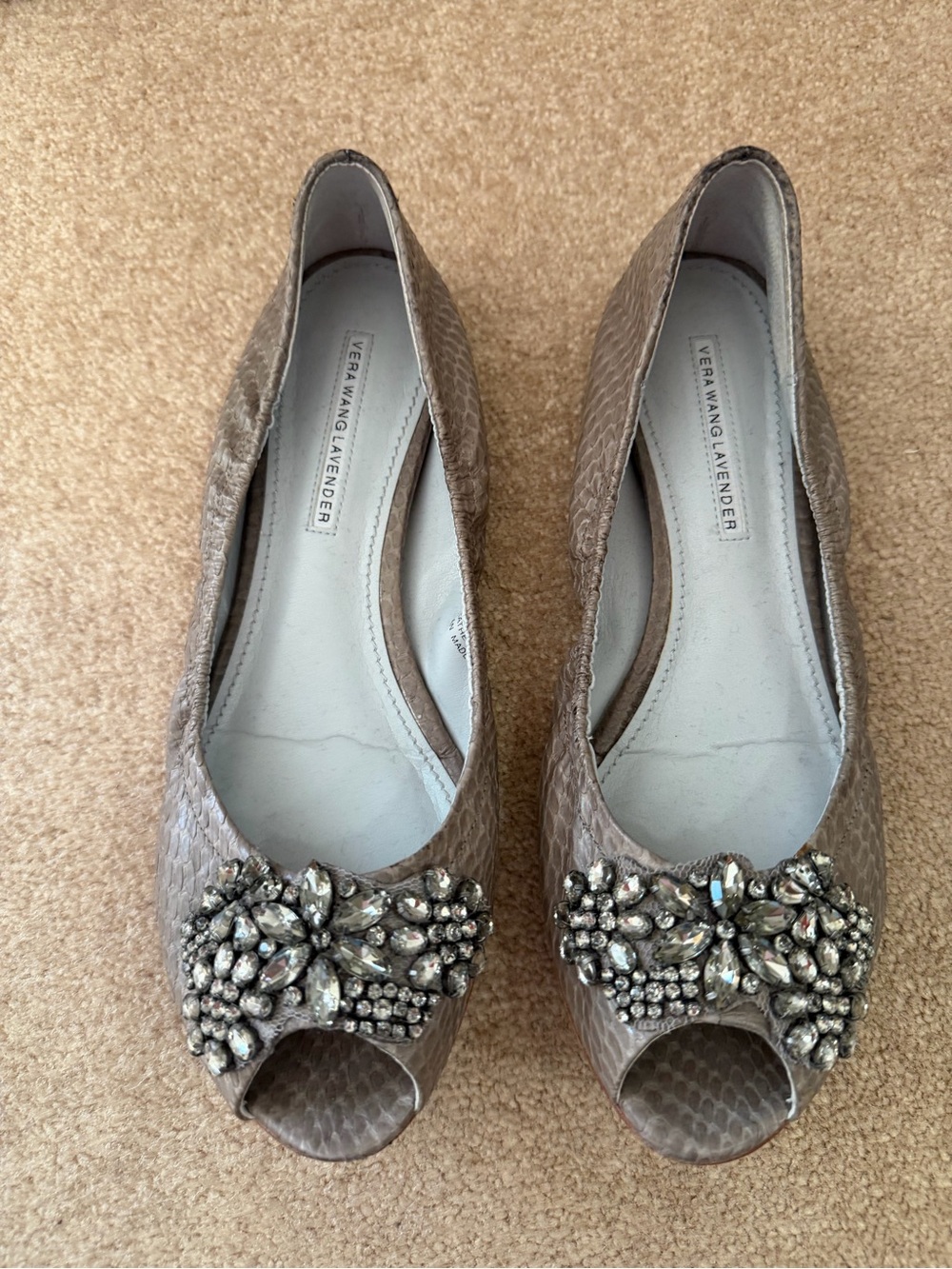 Vera Wang Taupe Snake-Embossed Peep-Toe Flats with Crystal Cluster